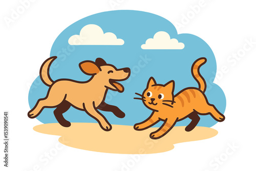 Under a clear blue sky with soft white clouds drifting lazily by, a dog and cat are engaged in a lively game of chase