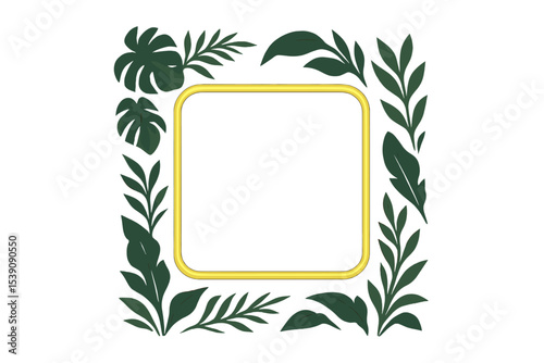 A frame with a golden glow is encircled by lush jungle foliage set against a dark background