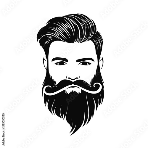 Minimalist vector illustration of bearded man with stylized curled mustache and voluminous hair in flat black design for barbershop or hipster concept
