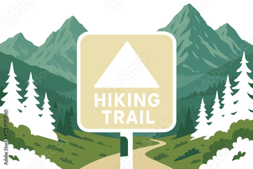 A breathtaking alpine landscape serves as the backdrop for a close-up of a hiking trail sign that features a mountain icon, surrounded by majestic peaks, ideal for outdoor adventures