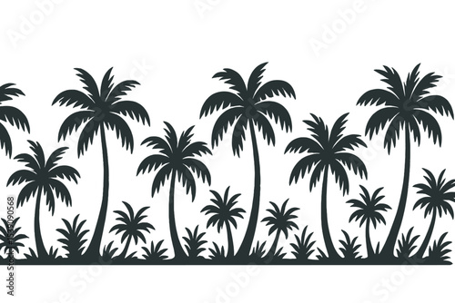 A seamless border of palm tree black silhouettes is depicted in a monochrome hand drawn vector illustration isolated on a transparent background