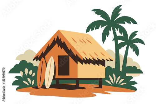 Stylized vector illustration featuring a tropical landscape complete with a hut and surfboards