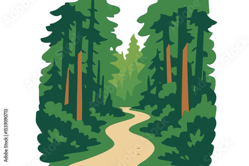 This vector illustration boasts a winding forest trail that vanishes into the trees, beckoning viewers to explore and embark on an adventure with its crisp HD camera quality