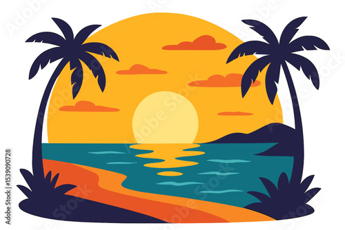 Ocean sunset scenery is depicted in vector form, set against a vibrant tropical beach landscape
