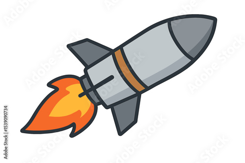 A missile rocket with a fireball trail is isolated on a white background in  format