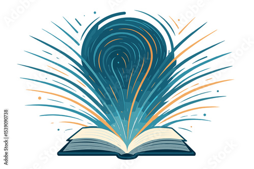 Book open with trails of light swirling outward, symbolizing the rapid expansion of knowledge, futuristic and abstract in theme, with dynamic illumination and intricate details
