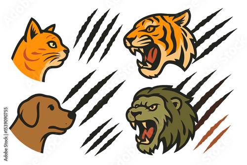 The vector image depicts a cat and tiger exhibiting scratching behavior, accompanied by signs and isolated on a transparent background, alongside other creatures like dogs, lions, and monsters, all
