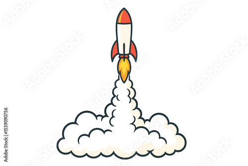 A cartoon depiction of a rocket's smoke trail, complete with jet fire and steam clouds, accompanies a vector illustration of a spaceship or shuttle carrier rocket launch