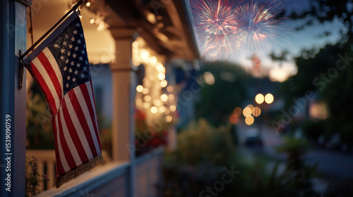 American flag hanging on a front porch with fireworks in the distance over a quiet neighborhood. 