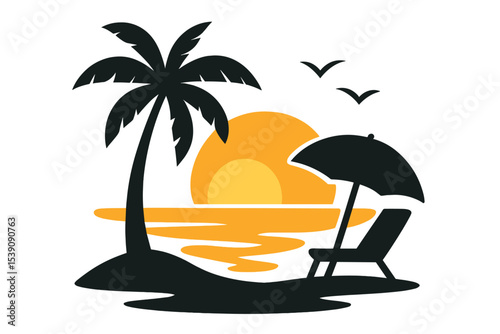Vector illustration of a beach silhouette set against a white background