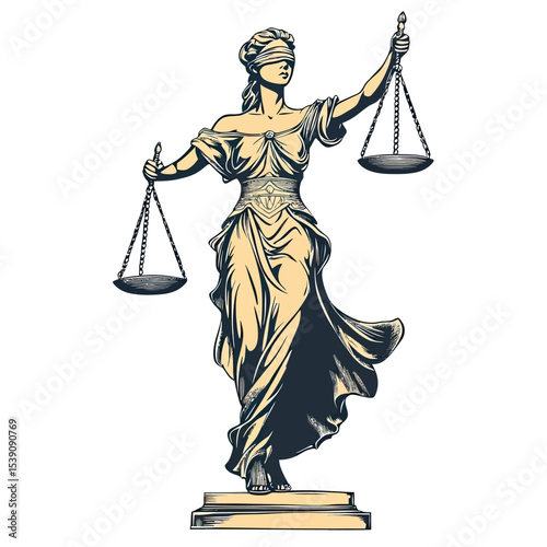 Lady Justice statue holding balanced scales blindfolded standing on pedestal vector illustration in classic legal symbol concept for law and fairness representation