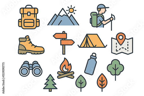 A set of outline icons centered around hiking, featuring equipment and natural elements