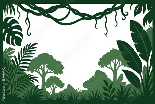Tropical jungles are outlined by liana branch vines in silhouette form, set against a vector background featuring rainforest leaves, foliage plants, grass, and trees, evoking a paradise of African