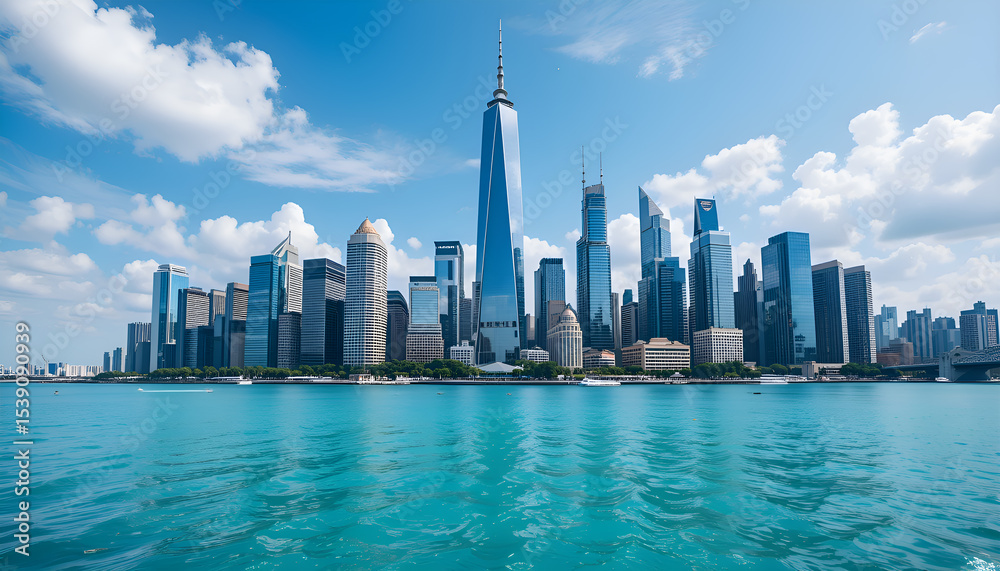 Obraz premium Stunning skyline view of modern cityscape and blue water