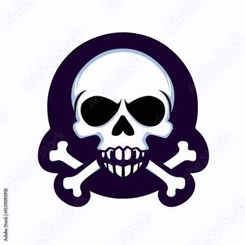 Stylized skull and crossbones icon with dark eye sockets and teeth in flat minimalist vector design symbolizing danger and toxicity with pirate and horror theme elements