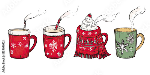Set of four steaming winter mugs with snowflake patterns and cozy scarf, hot beverages illustration in hand drawn sketch style for Christmas and cold weather comfort