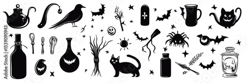 Halloween vector icons collection with black cats bats spider potion bottles skull magic objects and spooky elements in flat minimalist style silhouette set