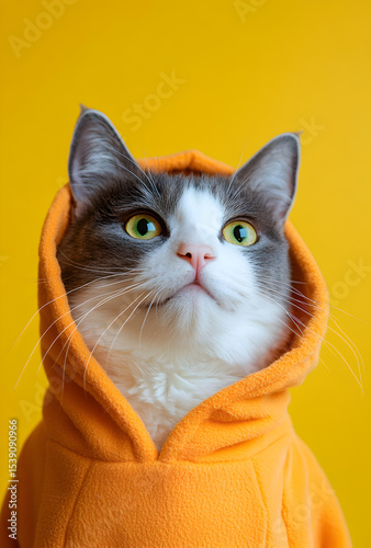 Gray and White Cat in Orange Hoodie Yellow Background