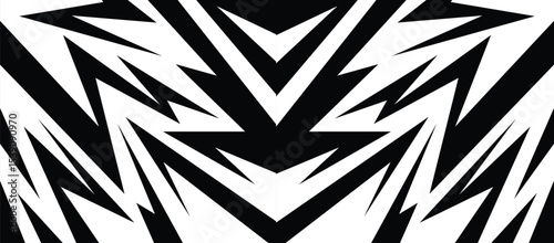Bold, black and white design with spiky elements and a playful zigzag line motif