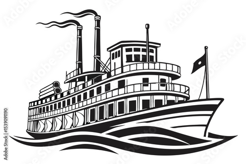 Monochromatic Riverboat Illustration Detailed Black and White Rendering of a Classic Paddle Steamer Vessel on Water with Smoky Chimneys