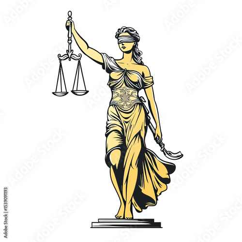 Lady Justice statue holding scales and sword blindfolded symbolizing fairness and law integrity standing on pedestal in classic style vector illustration