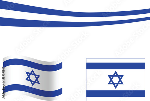 Print Israel map with two different flag styles and a decorative ribbon – patriotic Israeli design for national events, educational, political or historical themes.