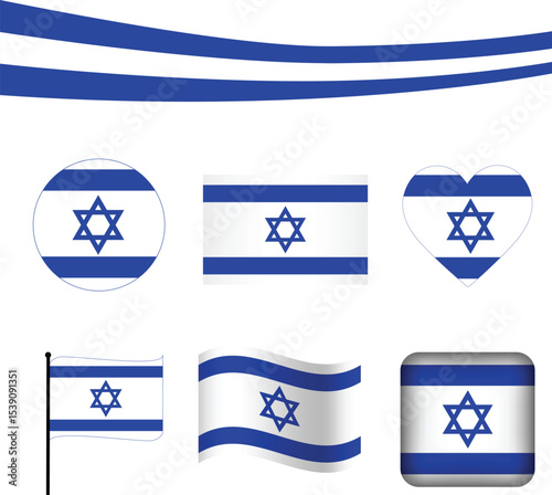 Print Israel map with six different flag styles including heart, circle, flat, wave, badge, and ribbon – patriotic and symbolic design for national, educational, or historical themes.