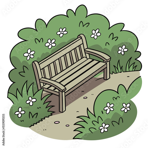 A quaint wooden bench sits nestled among lush greenery with white flowers
