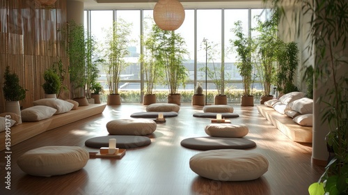 Fototapeta Naklejka Na Ścianę i Meble -  Spacious, serene meditation space with natural light