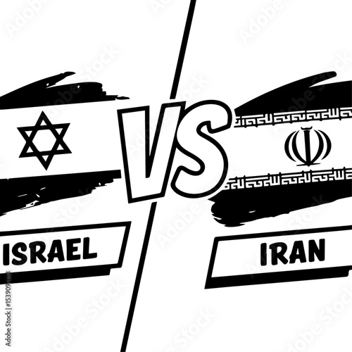 Minimal black-and-white illustration showing Israel vs Iran with stylized flag brushstrokes and bold 