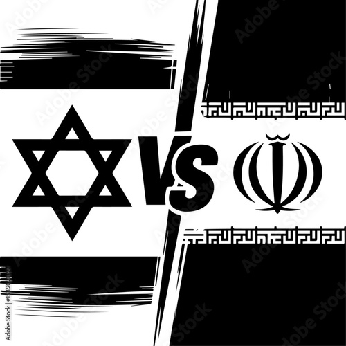 Minimal black-and-white illustration showing Israel vs Iran with stylized flag brushstrokes and bold "VS" typography, representing international rivalry, political confrontation, or debate.

