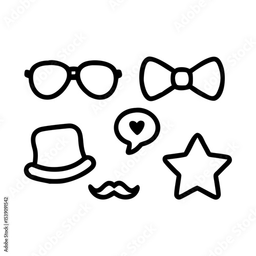 Vector art of glasses bow hat heart star and mustache isolated on white background