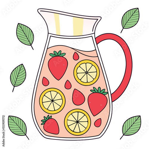 Refreshing strawberry and lemon fruit water is in a jug with decorative leaves