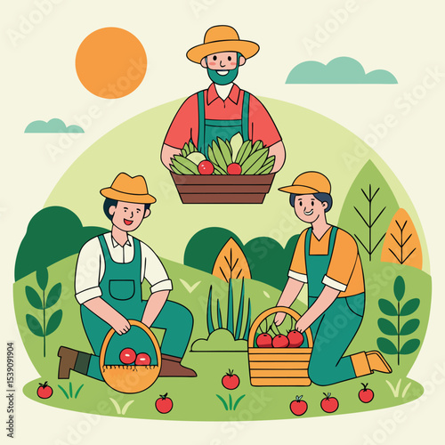 Three Asian farmers are harvesting fresh vegetables and tomatoes in their garden together
