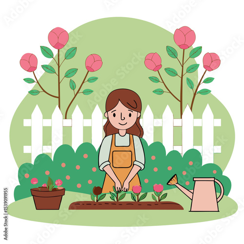 Young gardener plants tulips in her garden near a white picket fence cheerfully