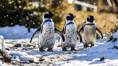 Family of penguins waddling across a snowy landscape as they navigate the icy terrain during a bright day in their natural habitat