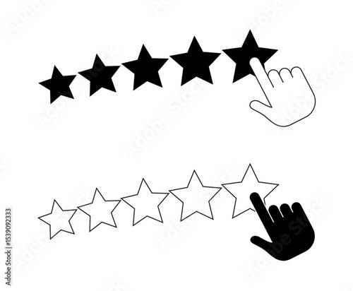 Customer satisfaction icons. Set of user feedback icons. Five stars. Rating icon. Customer response sign. The hand points to the stars. Vector illustrations EPS10