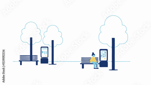 Illustration of people interacting with digital displays and benches in a public space setting scene