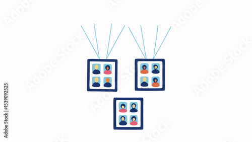 Three screens displaying virtual meetings with multiple participants connected by lines above each screen