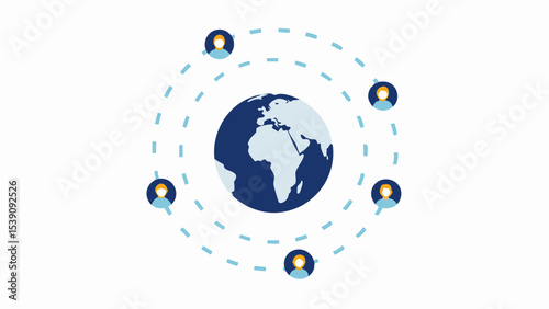 World map surrounded by people wearing masks connected by dotted lines in a circular pattern design