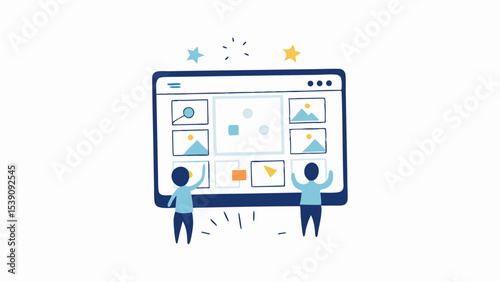 Two people interacting with a large screen displaying various images and shapes with stars above it