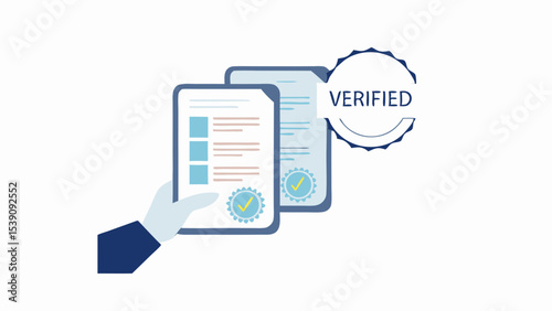 Hand holding verified documents with checklist and verified stamp illustration design