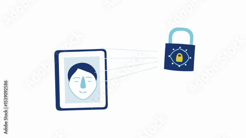 Face recognition on a tablet connected to a padlock representing security and data protection measures
