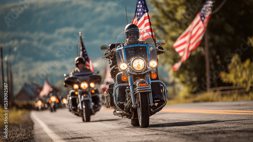 American motorcycle veterans riding in an honor convoy with flags fluttering behind their bikes on a country road