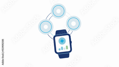 Smartwatch displaying data connected to three circular nodes in a network configuration on a white backdrop