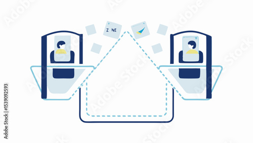 Illustration of two people in booths with floating squares and a dashed line frame shape