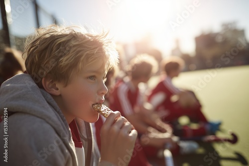 Young boy enjoying a granola bar while resting on the sidelines during a practice session in the afternoon sunlight