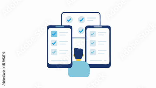 Person viewing multiple digital screens with checkmarks indicating completed tasks and data displayed