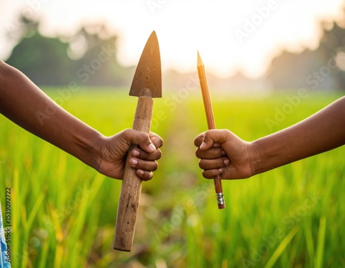 Two hands, one holding a small hoe, the other a pencil, confront each other in a rice paddy.  Sunrise or sunset light illuminates the scene