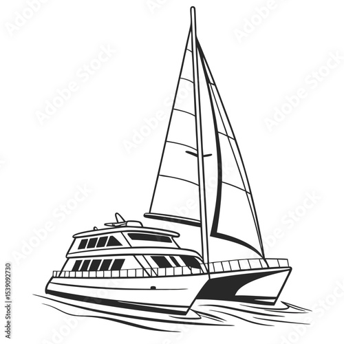 Elegant Catamaran Sailboat on Calm Waters A Black and White Illustration of a Modern Sailing Vessel
